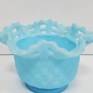 Fenton Art Glass Blue Open Basket Weave Ruffle Satin Frosted Lace Rim Candy Dish